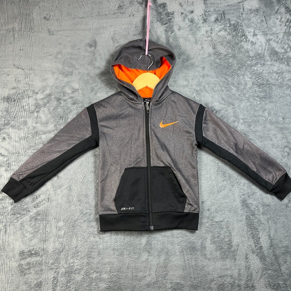 Nike Dri Fit Hoodie Boys XS Gray Black Fleece Lined Long Sleeve Logo Full Zip